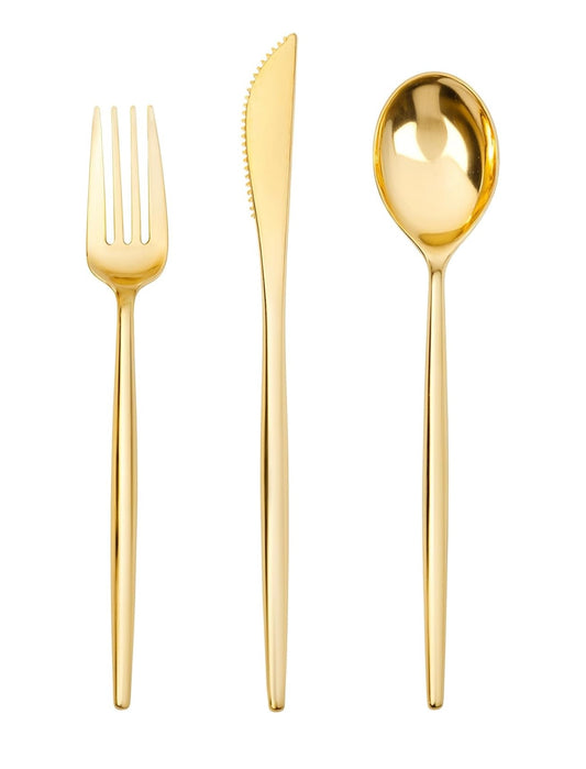 Rent. Golden Cutlery set (semi metallic) | Set de 3 cubiertos Dorado (semi metálico)